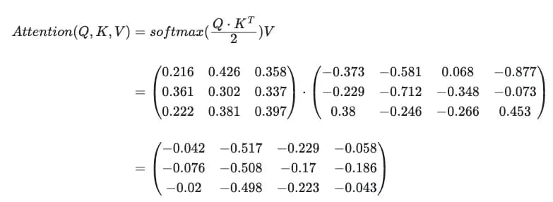 One-head attention as the softmax of the scaled scores multiplied by V