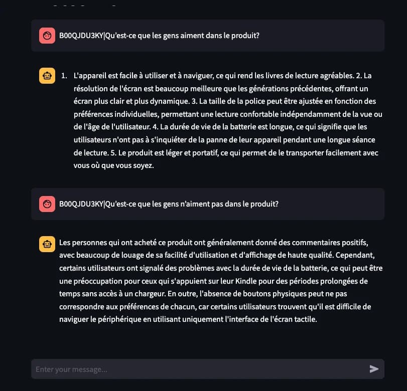 Chatbot conversation in French about product B00QJDU3KY (image by author)
