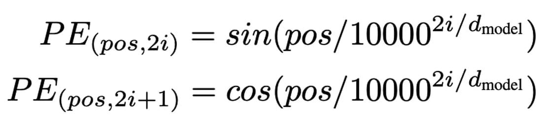 Equation 1: sine and cosine functions that generate positional embeddings where pos is the position, i is the dimension of the positional encoding, and d_model is the total dimension of the vector.