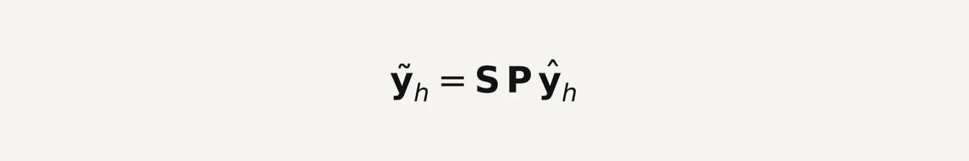 Equation 2: y-tilde equals S times P times y-hat